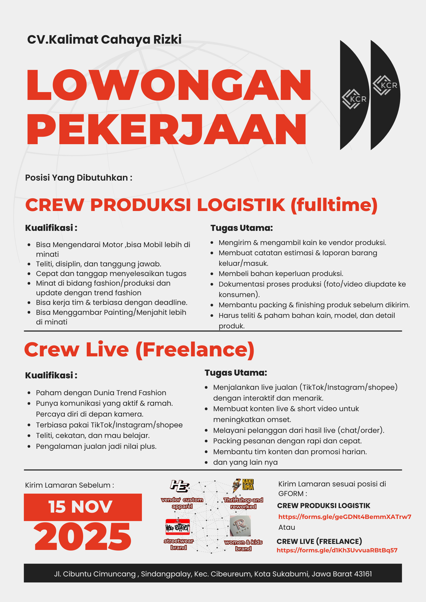 Lowongan Kerja CREW PRODUKSI LOGISTIK dan Crew Live