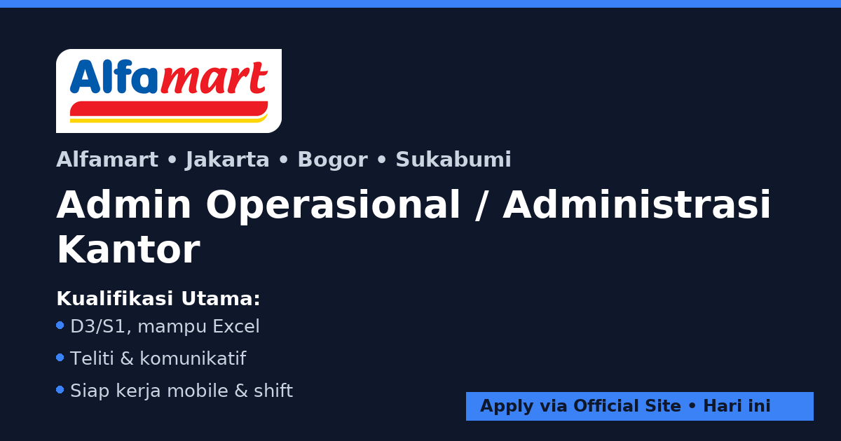 Admin Operasional / Administrasi Kantor – Jakarta, Bogor, Sukabumi (Full-time)
