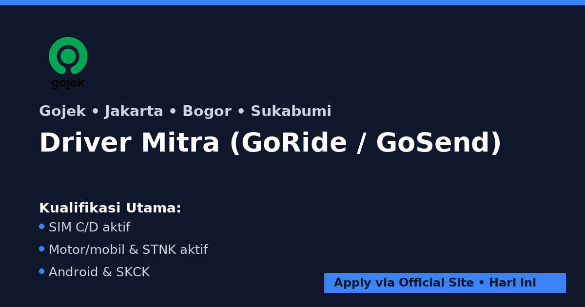 Driver Mitra (GoRide / GoSend) – Jakarta, Bogor, Sukabumi