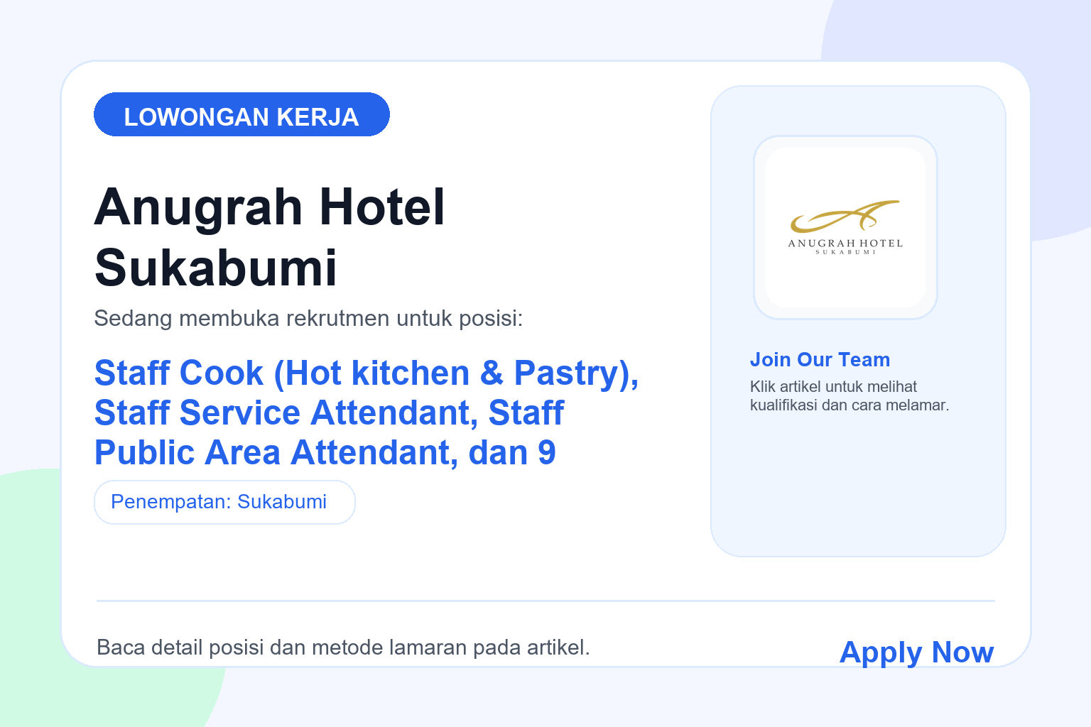 Lowongan Kerja Anugrah Hotel Sukabumi Beberapa Posisi