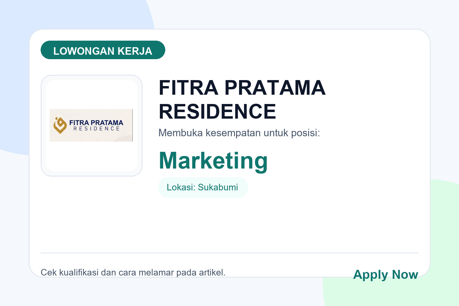 Lowongan Kerja FITRA PRATAMA RESIDENCE Marketing di Sukabumi