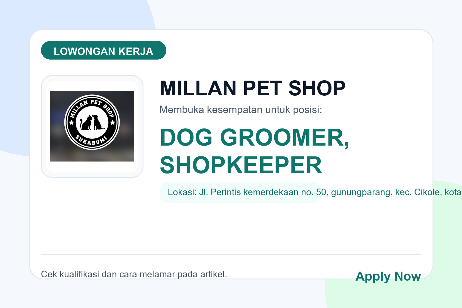 Lowongan Kerja MILLAN PET SHOP Beberapa Posisi