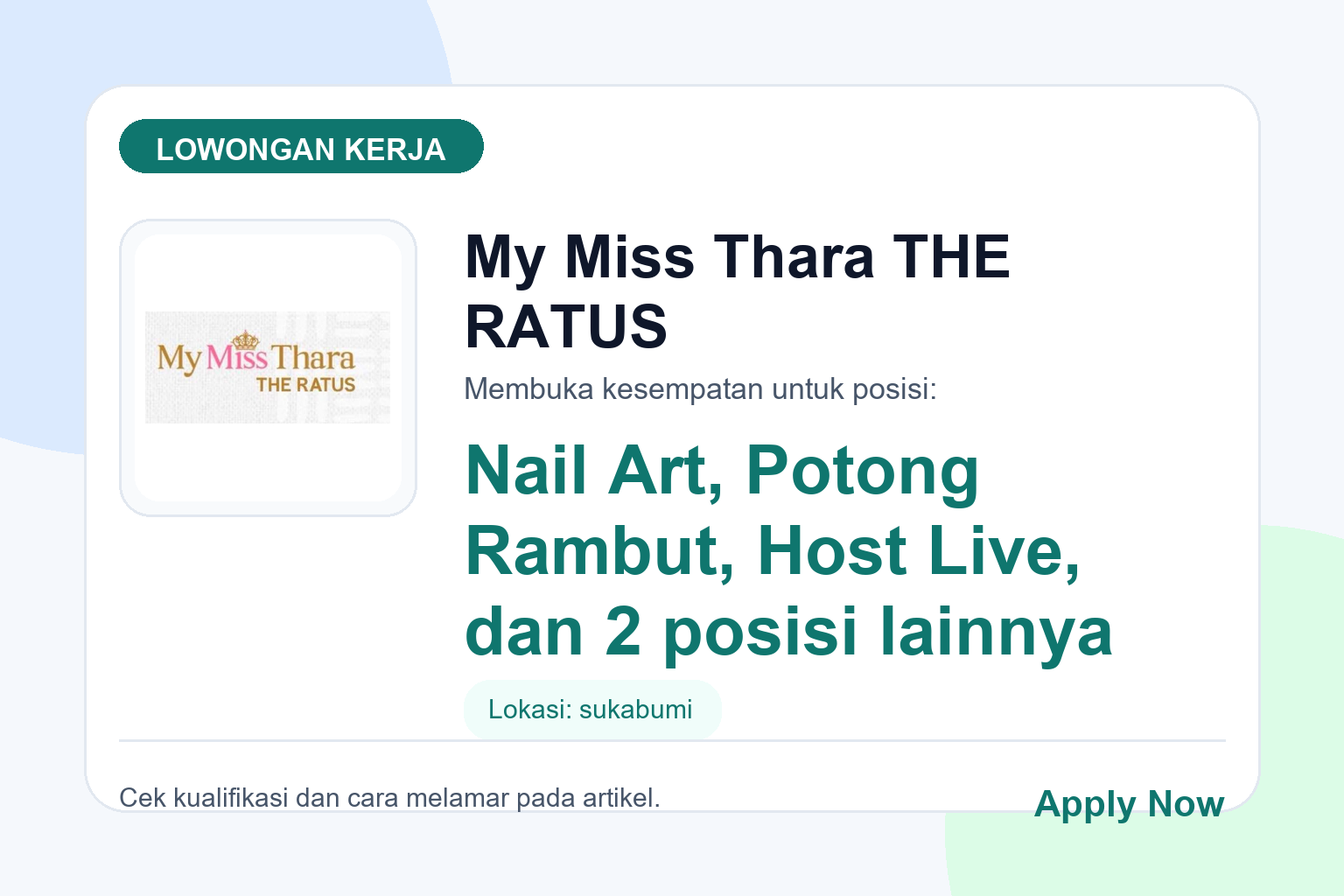 Lowongan Kerja My Miss Thara THE RATUS Beberapa Posisi