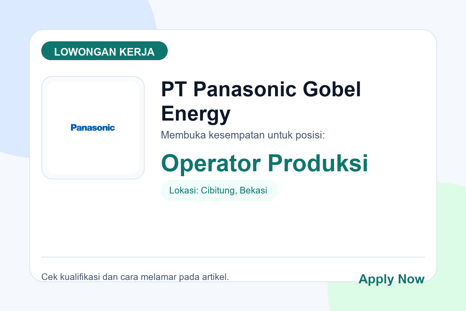 Lowongan Kerja PT Panasonic Gobel Energy Operator Produksi
