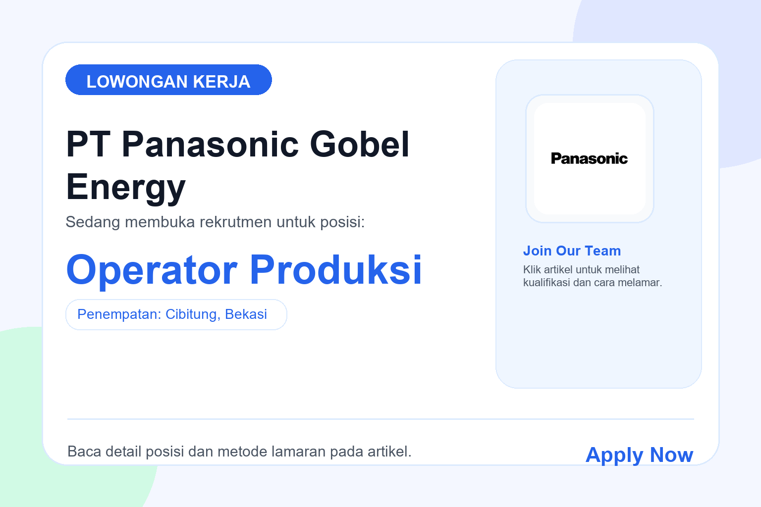 Lowongan Kerja PT Panasonic Gobel Energy Operator Produksi