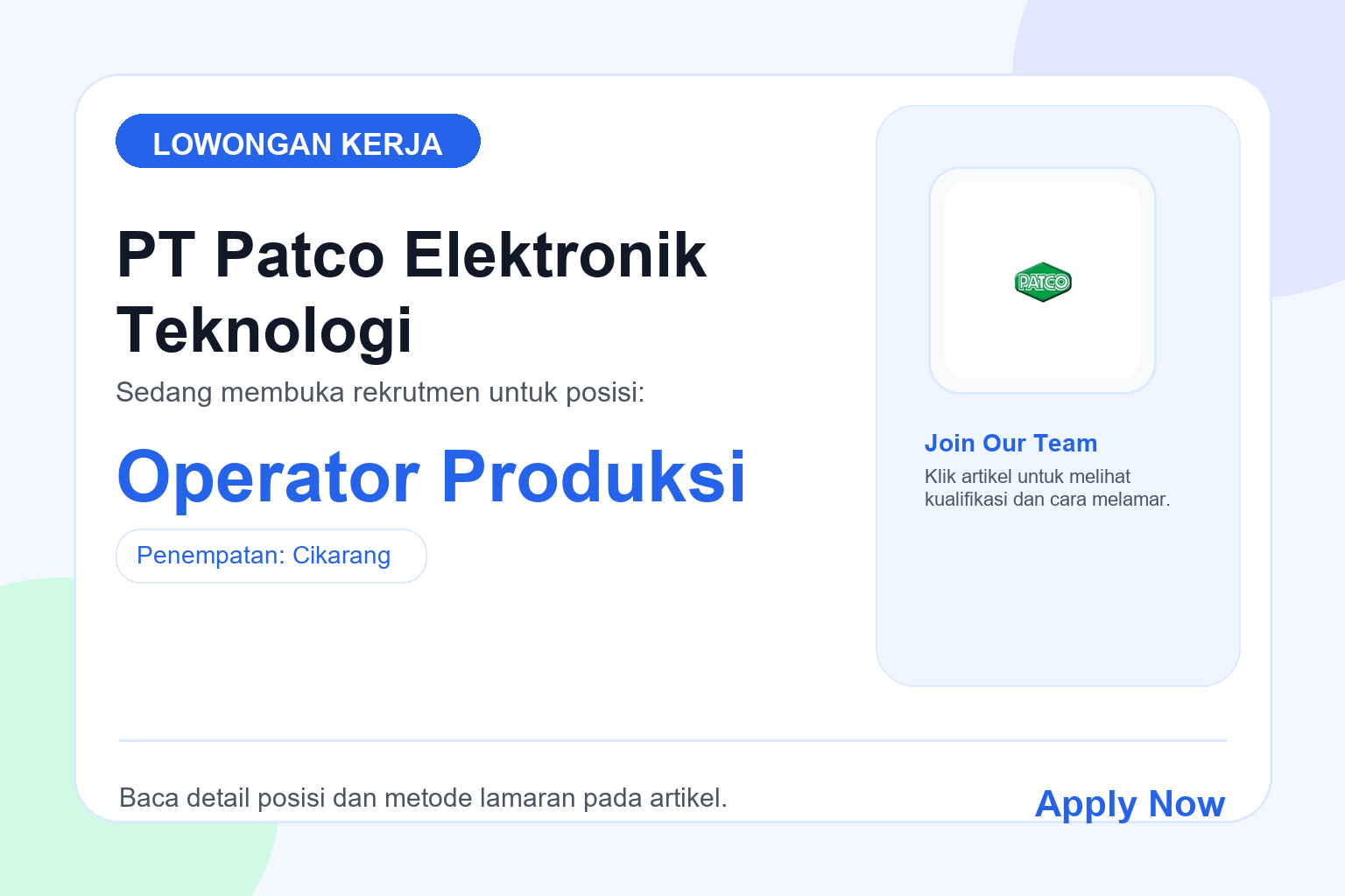 Lowongan Kerja PT Patco Elektronik Teknologi Operator Produksi