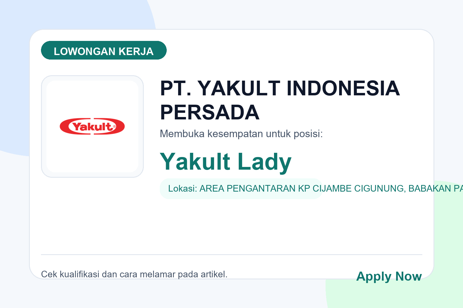 Lowongan Kerja PT. YAKULT INDONESIA PERSADA Yakult Lady
