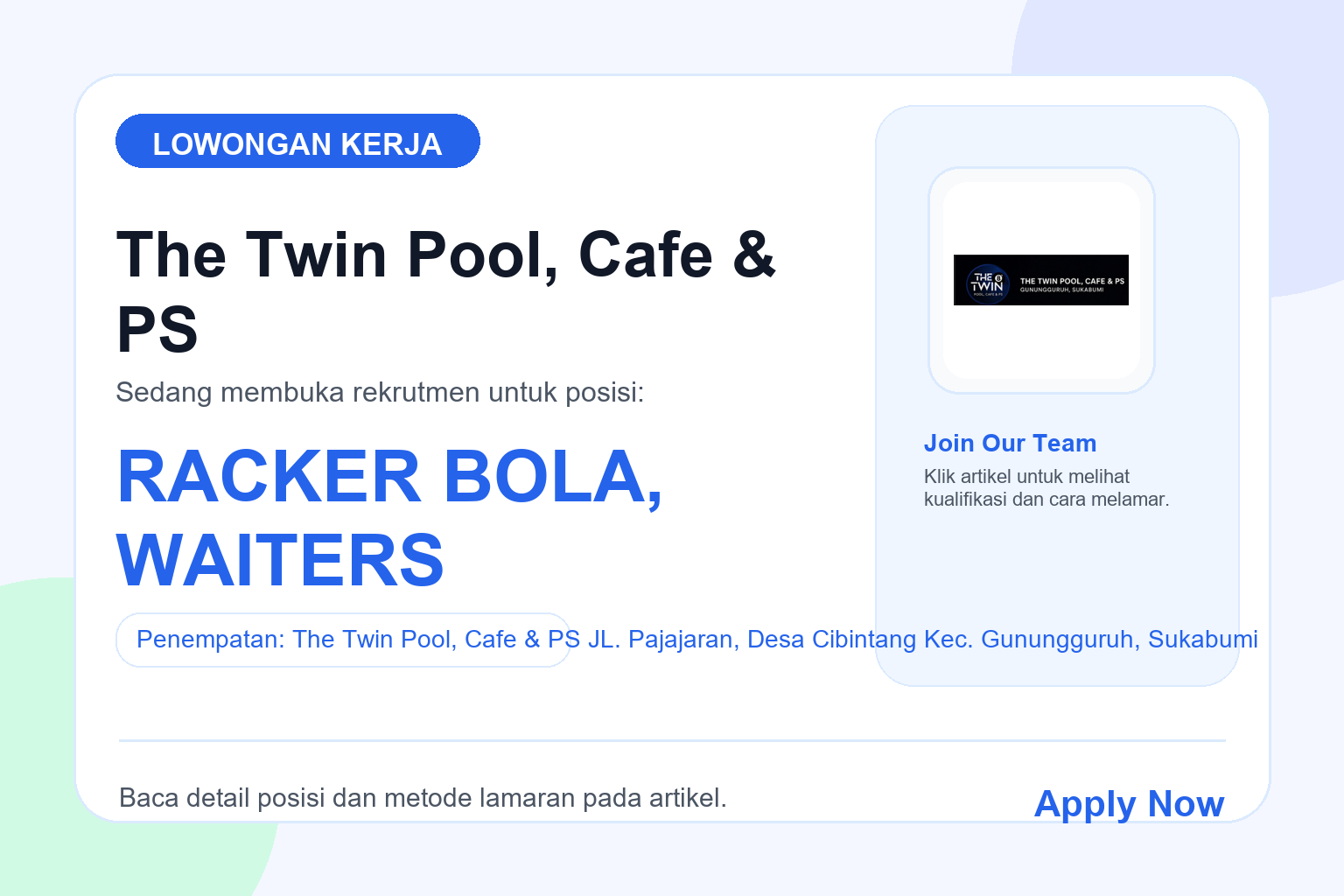 Lowongan Kerja The Twin Pool, Cafe & PS Beberapa Posisi