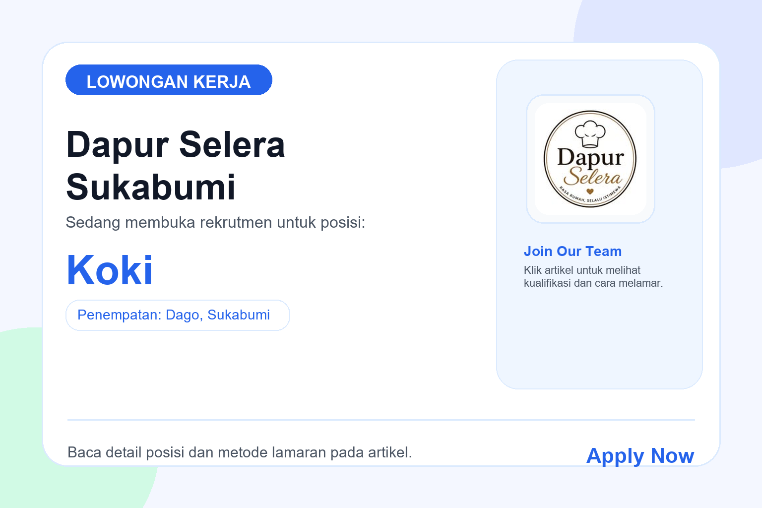 Lowongan Kerja Dapur Selera Sukabumi Koki