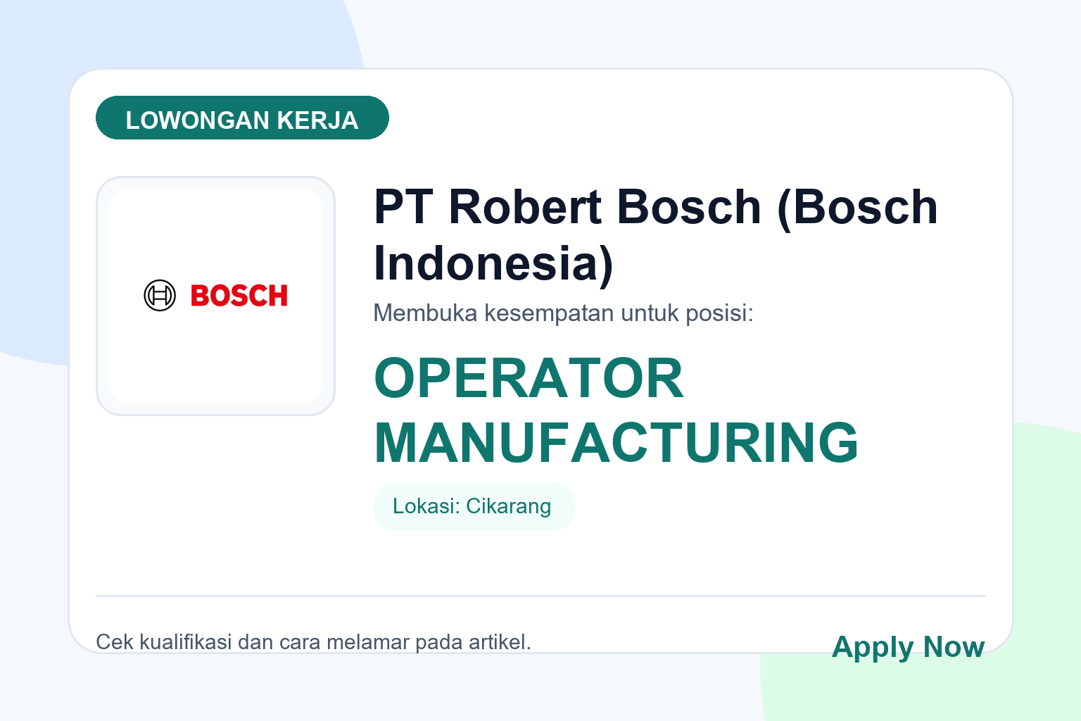 Lowongan Kerja PT Robert Bosch (Bosch Indonesia) OPERATOR MANUFACTURING