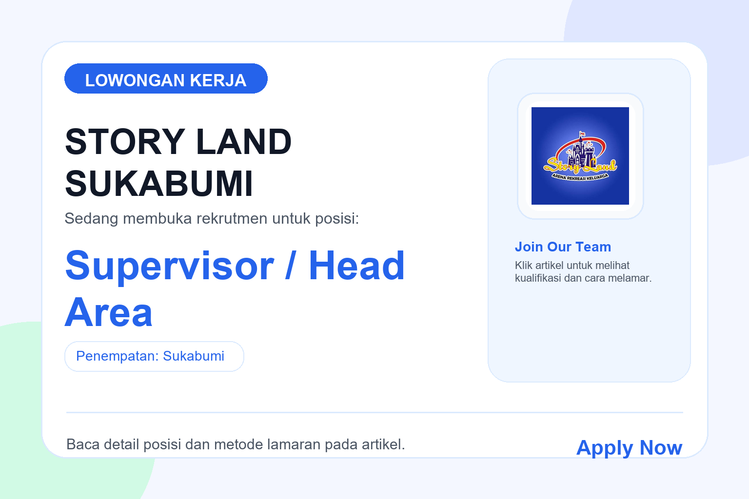 Lowongan Kerja STORY LAND SUKABUMI Supervisor / Head Area