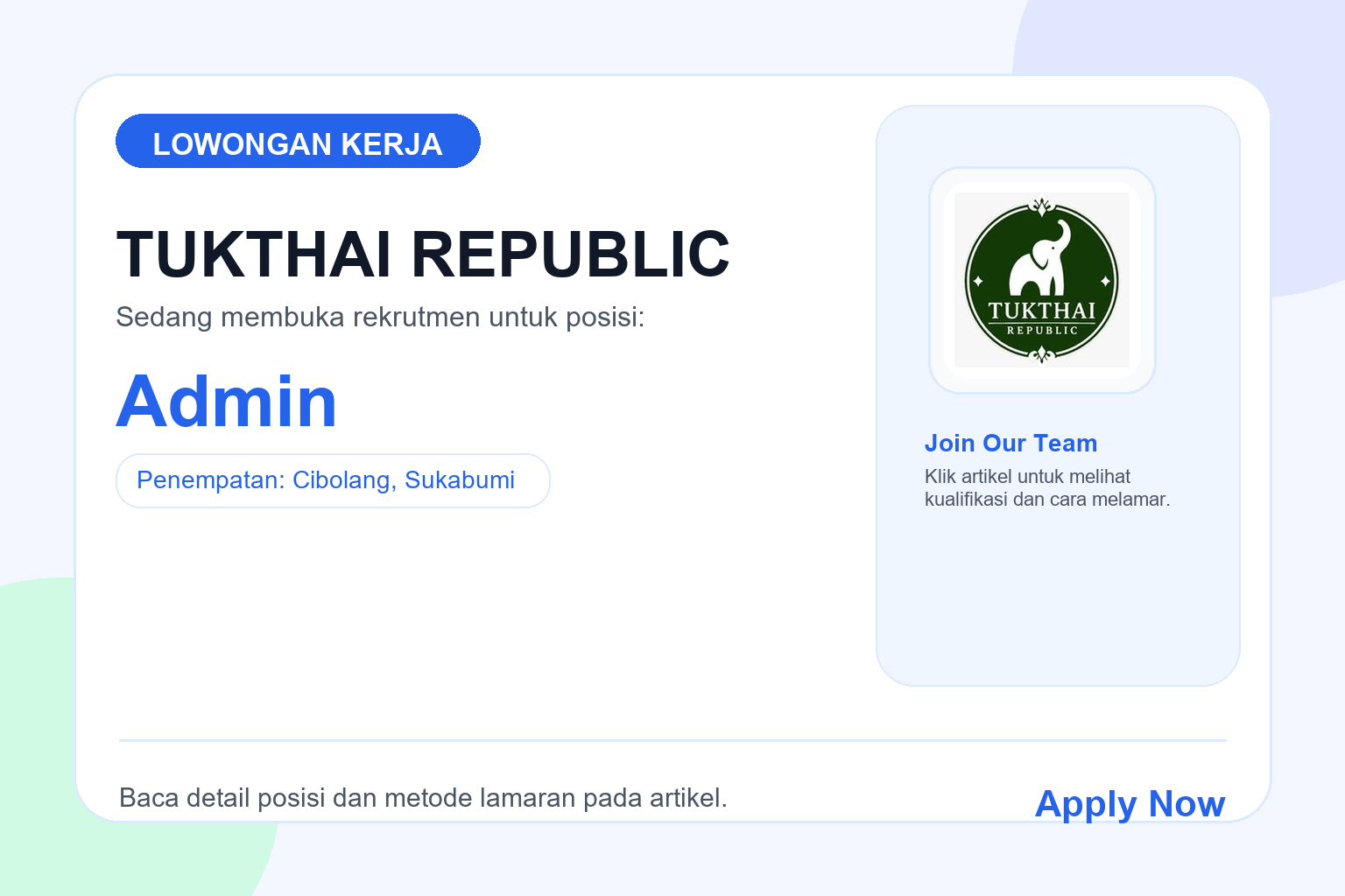 Lowongan Kerja TUKTHAI REPUBLIC Admin
