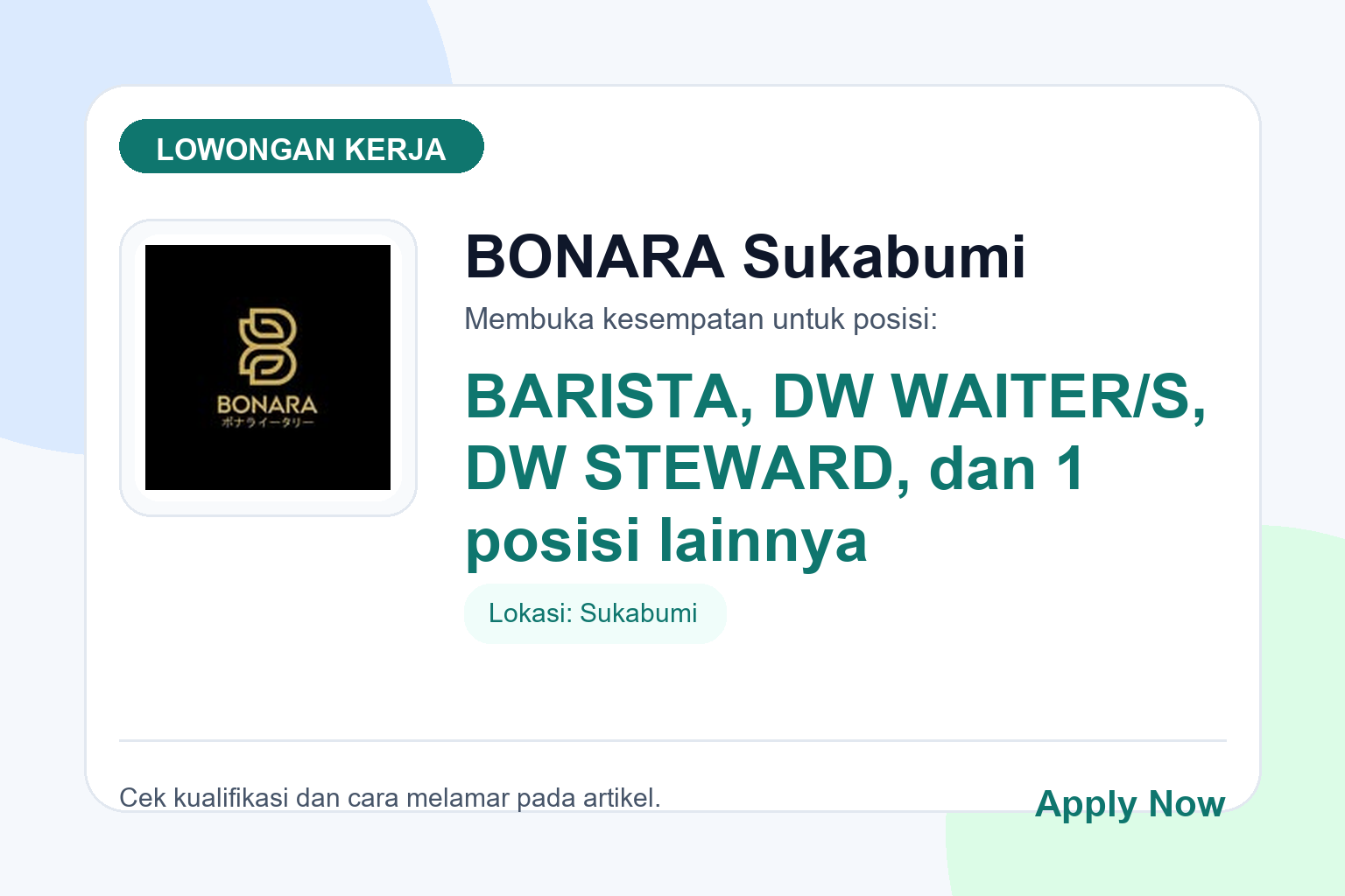 Lowongan Kerja BONARA Sukabumi Beberapa Posisi