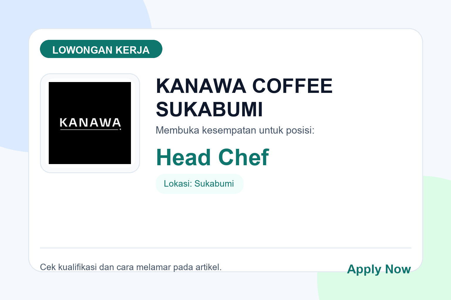 Lowongan Kerja KANAWA COFFEE SUKABUMI Head Chef