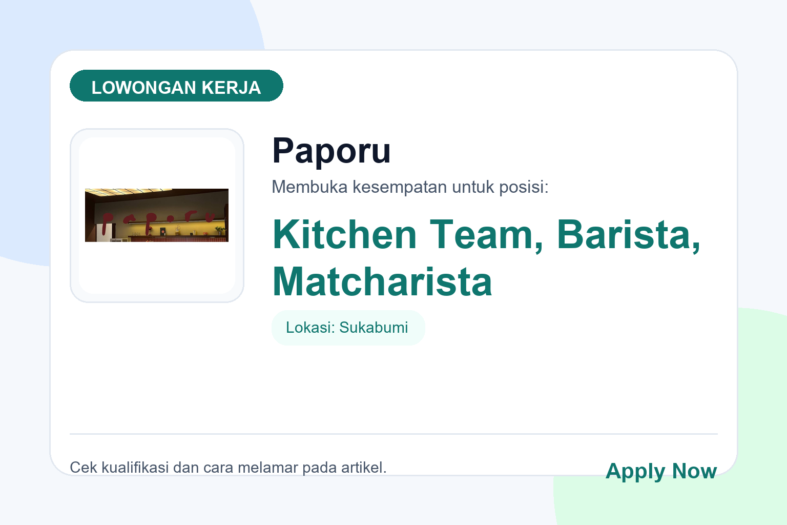 Lowongan Kerja Paporu Kitchen Team, Barista, Matcharista